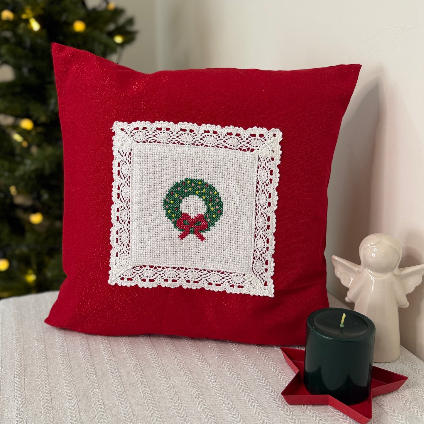Christmas Cushion Cover-  Wreath & Bow