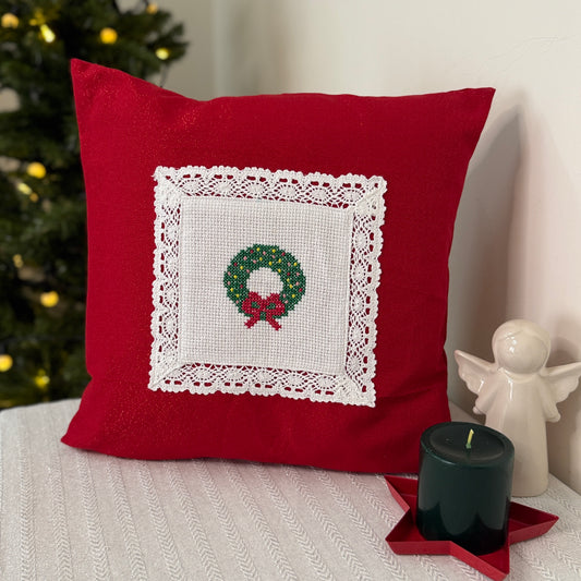 Christmas Cushion Cover-  Wreath & Bow
