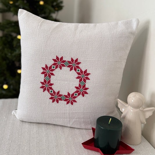 Christmas Cushion Cover -  Poinsettia Wreath