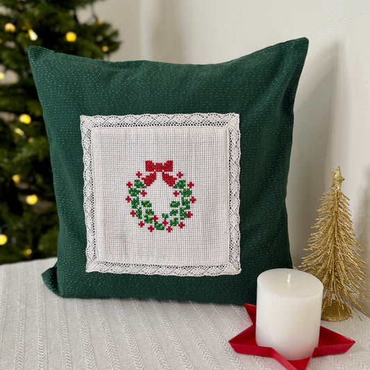Christmas Cushion Cover - Bow & Holly Wreath