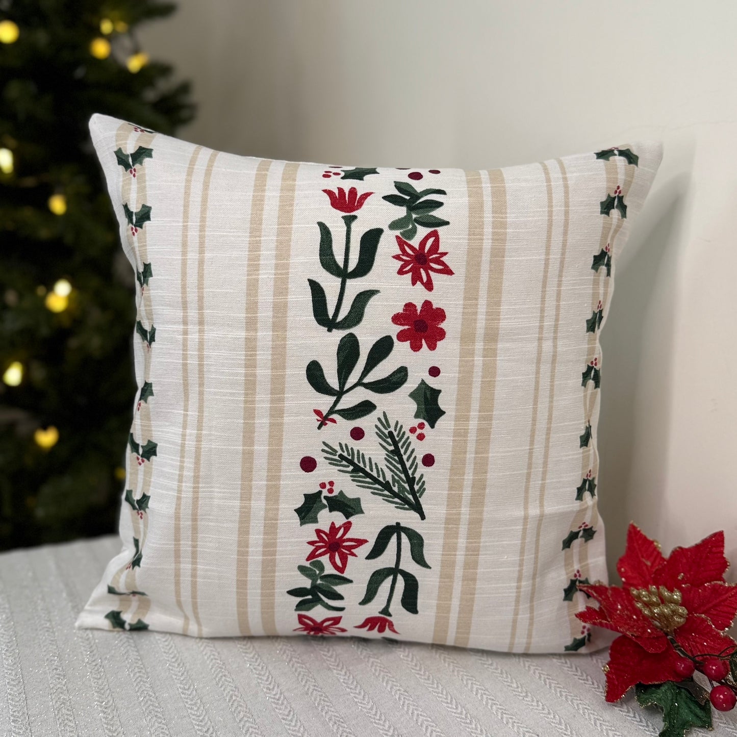 Christmas Cushion Cover -  Hollies & Poinsettias
