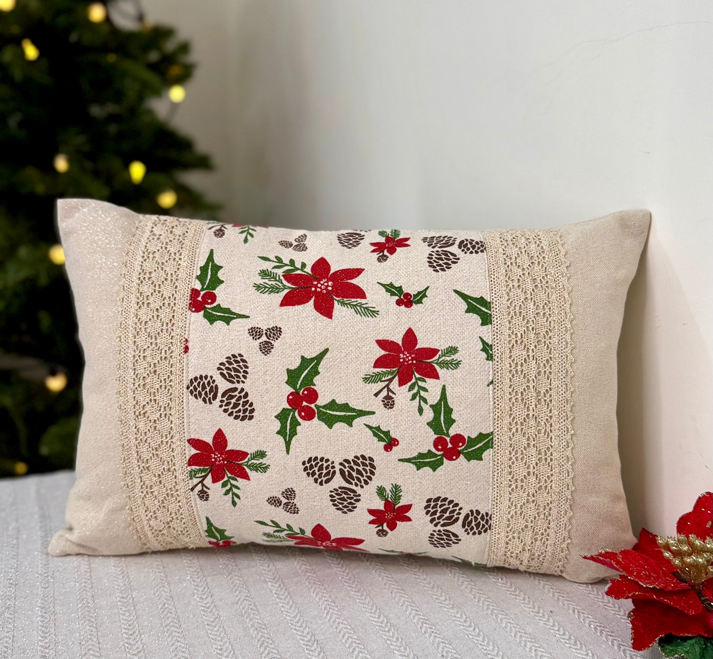 Christmas Cushion Cover -  Poinsettia Patch (Lumbar)