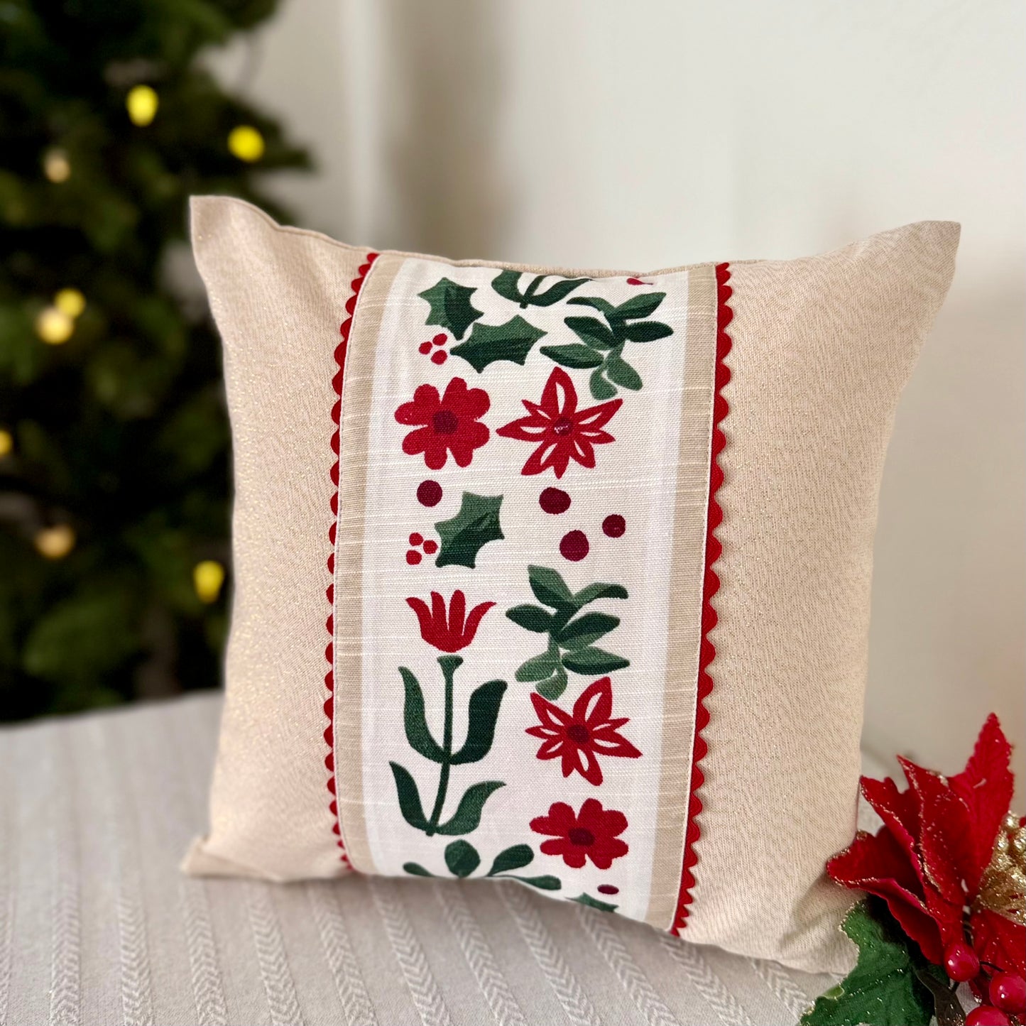 Christmas Cushion Cover - Poinsettias & Hollies (12x12)