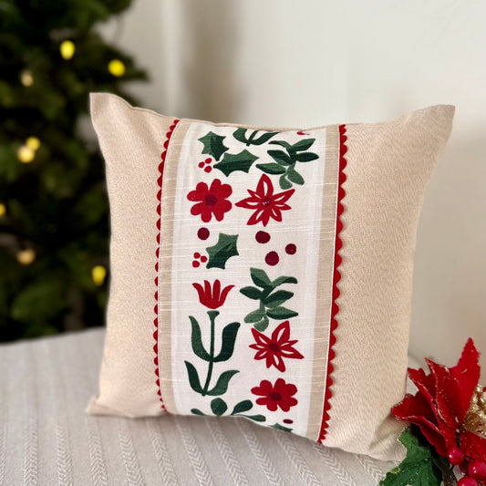 Christmas Cushion Cover - Poinsettias & Hollies (12x12)