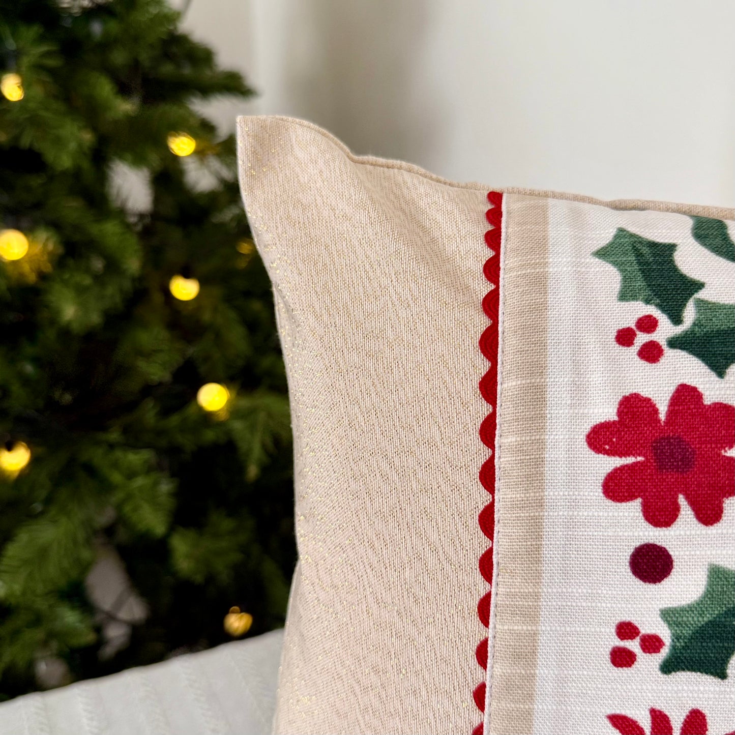 Christmas Cushion Cover - Poinsettias & Hollies (12x12)
