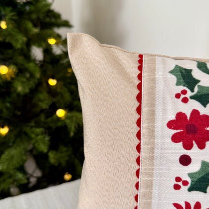 Christmas Cushion Cover - Poinsettias & Hollies (12x12)