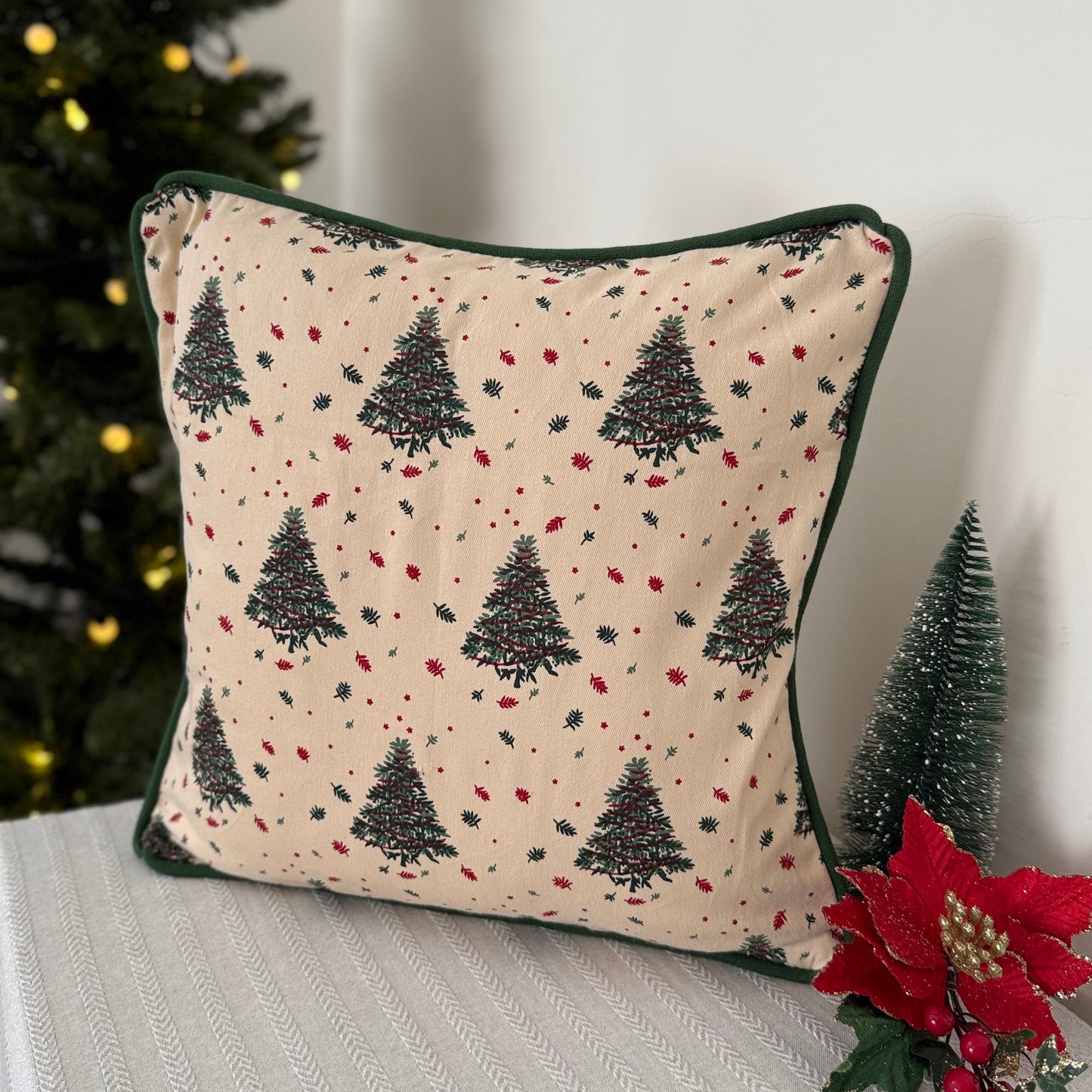 Christmas Cushion Cover - Ornate Christmas Trees in Beige