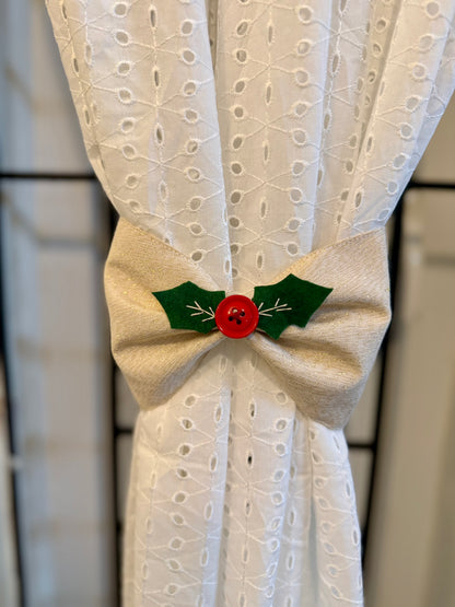 Curtain Tieback - Golden Bow with Holly