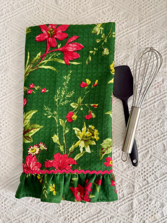 Kitchen Towel- Pink florals on Green waffles
