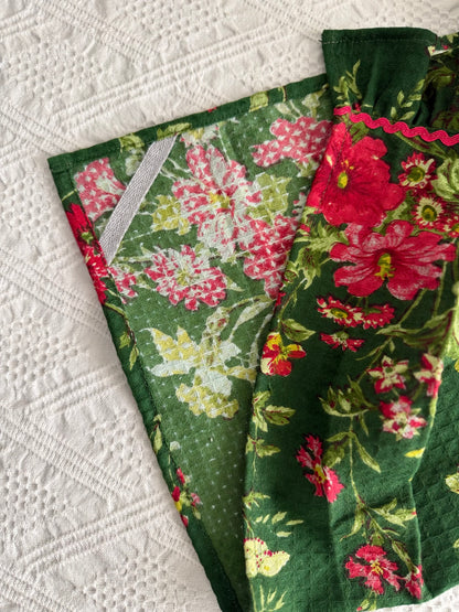 Kitchen Towel- Pink florals on Green waffles