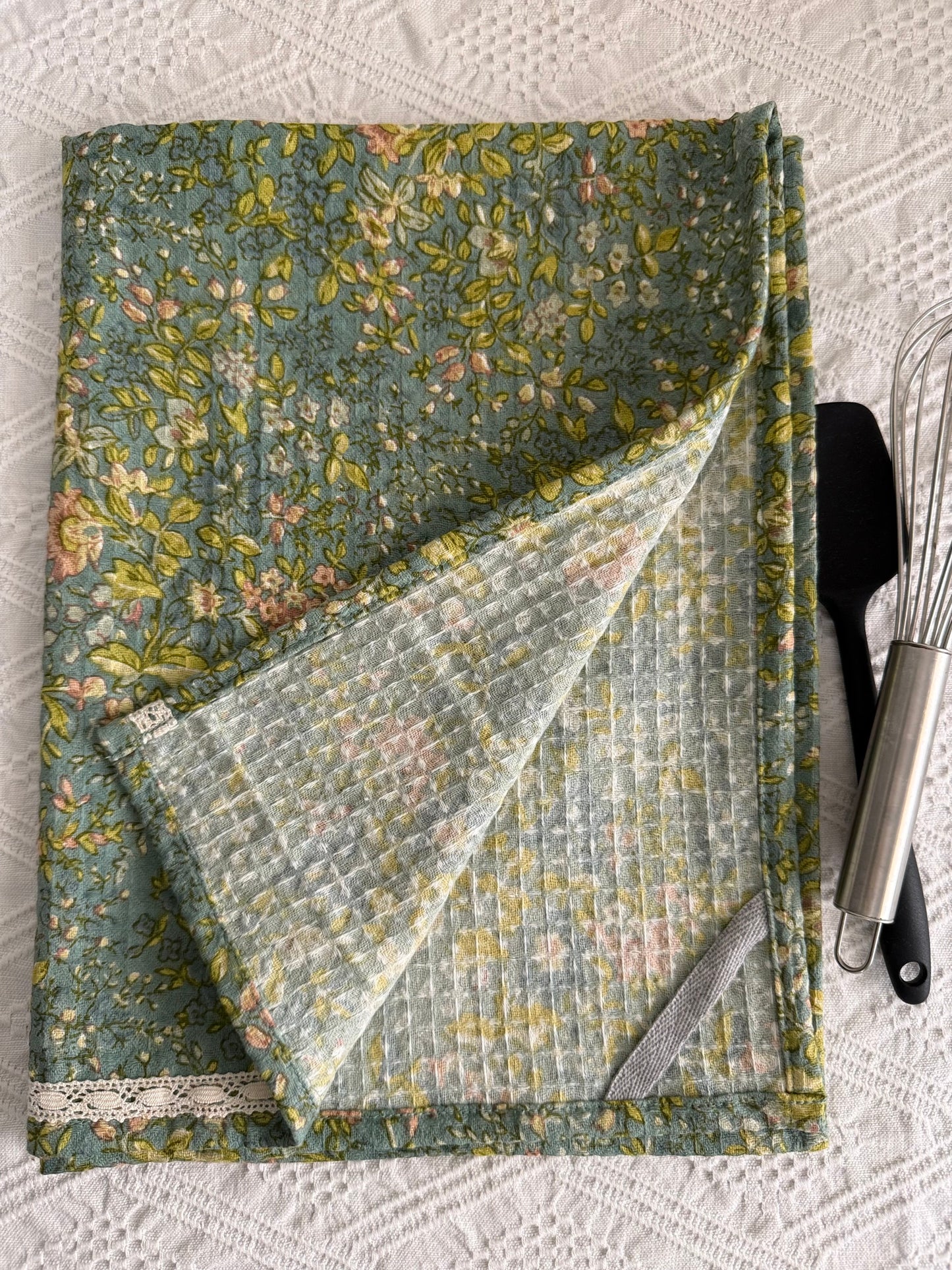 Kitchen Towel- Sea blue Waffle and Florals