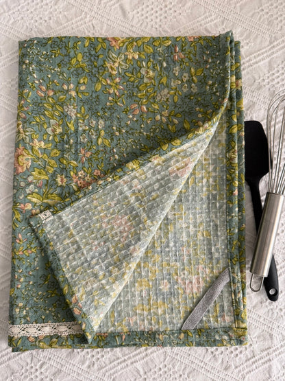 Kitchen Towel- Sea blue Waffle and Florals