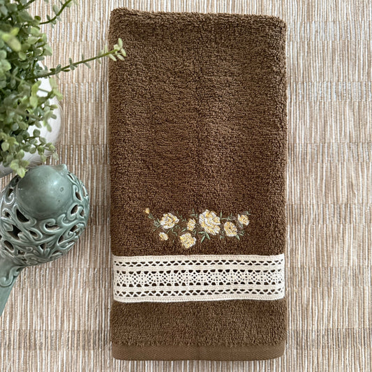 Hand Towel - White roses & Coffee brown