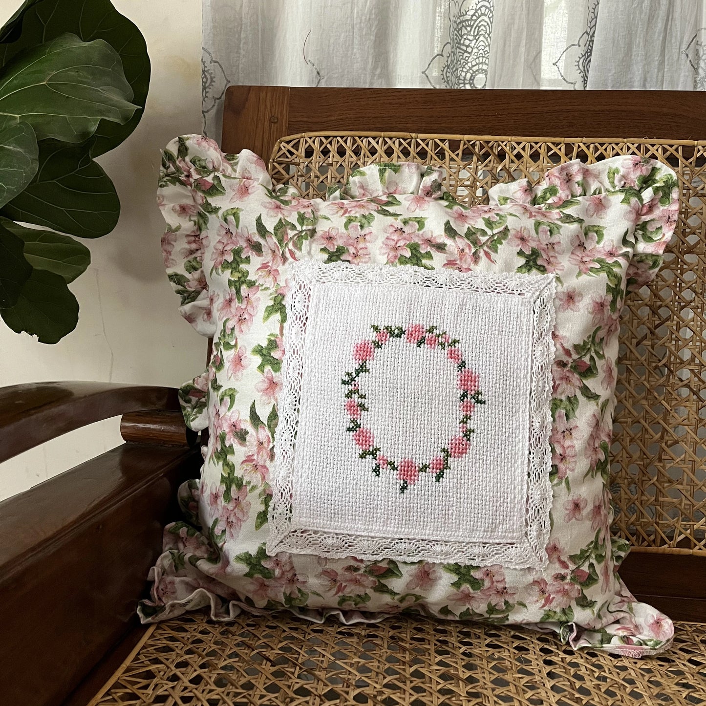 Cushion Cover - Cherry blossoms(Hand Embroidered) 16x16"