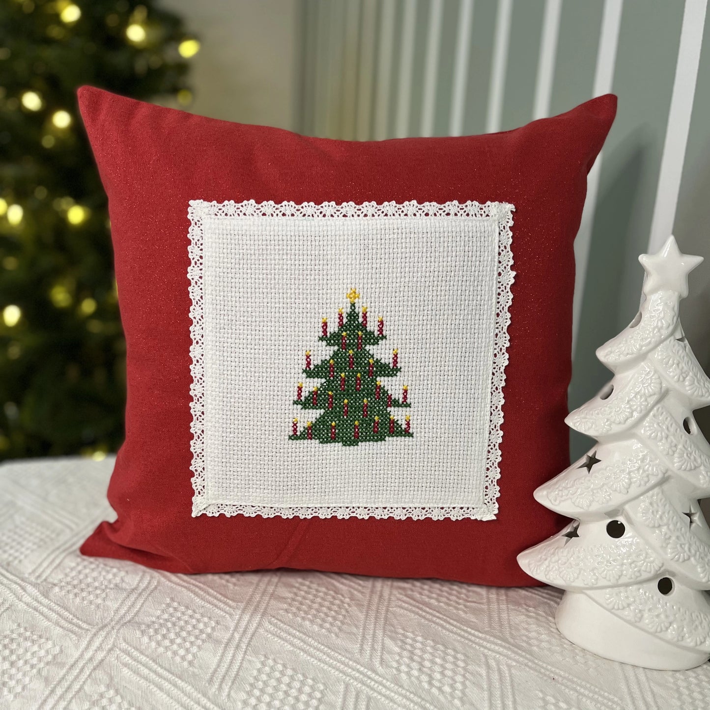 Cushion Cover- Trees n Candles ( Hand Embroidered)